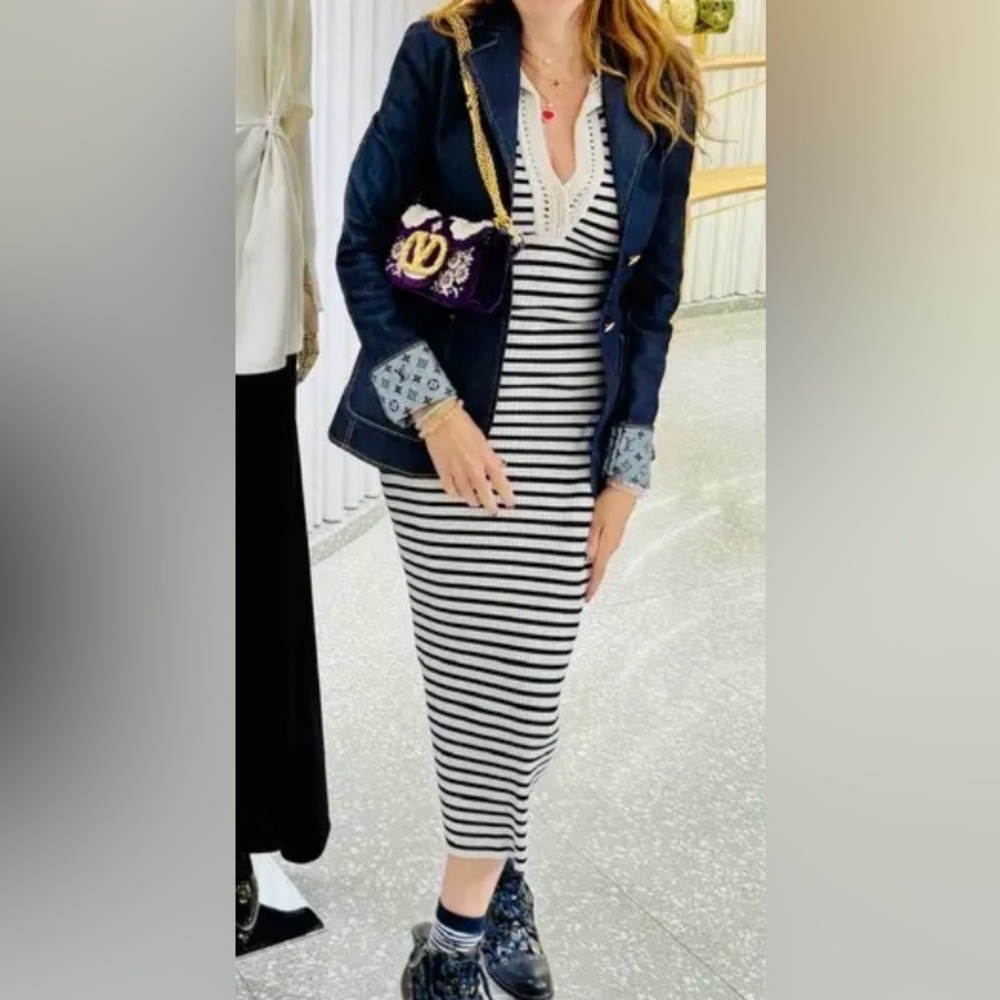 A.L.C. Black and White Striped Midi Dress